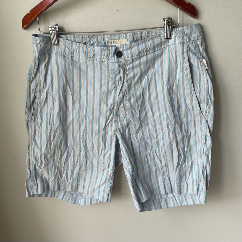 Onia Men’s Swim Trunks Size 36 Striped Lined Made In Italy Blue-gray 7.5” Inseam